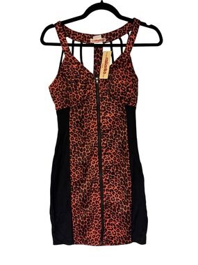 NWT NaRaNka Leopard Print Bodycon Mini Dress Zip Front Strappy Back